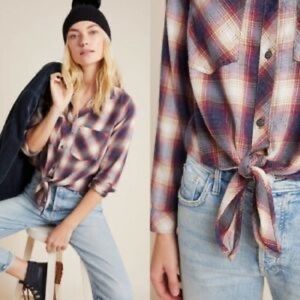 ANTHROPOLOGIE Cloth & Stone Plaid Tie Waist Shirt - Small